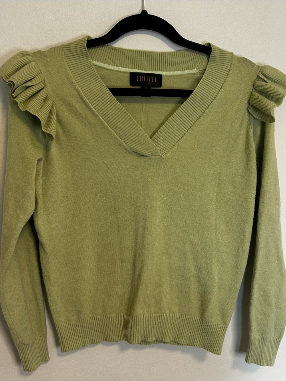 TRUTH Light Olive Green V-Neck Sweater with Ruffle Shoulders